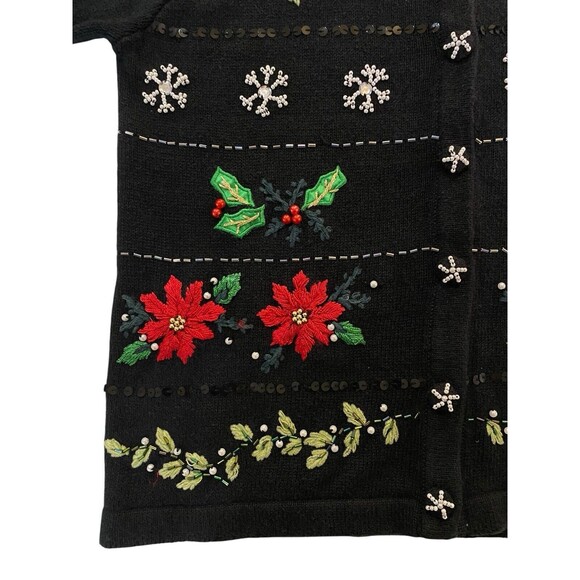 VTG Christmas Cardigan Sweater Medium Jason Maxwell Beaded Snowflakes Poinsettia - Picture 9 of 13